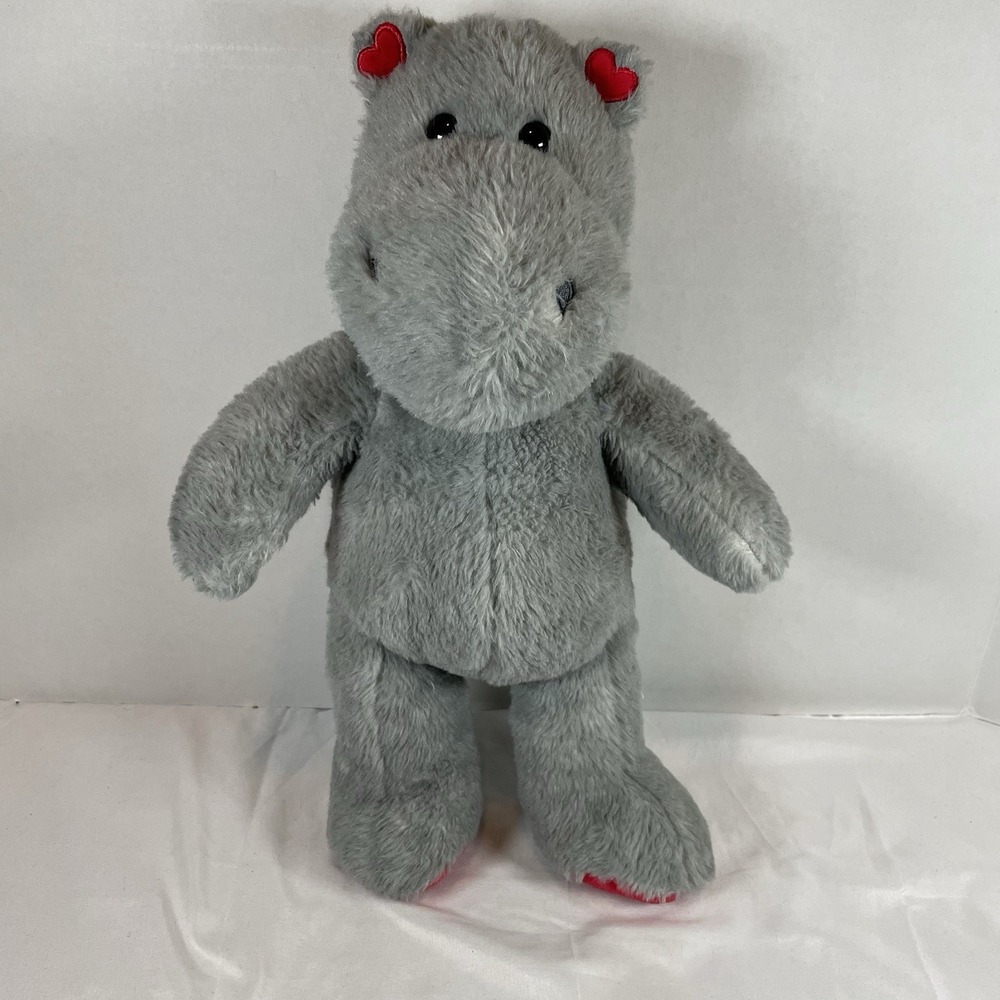 Build A-Bear Workshop Grey Hippo Plush Red‎ Hearts Ears Stuffed Animal 15 inch